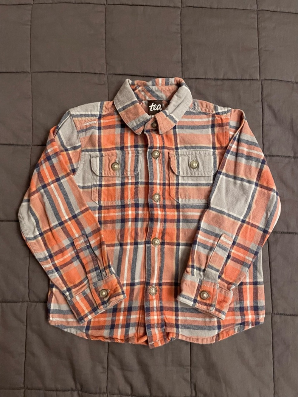 Tea Collection Orange & Gray Plaid Button-Up Shirt